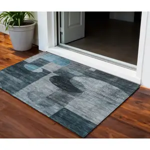 Photo of Teal Blue Gray And Charcoal Geometric Washable Indoor Outdoor Area Rug