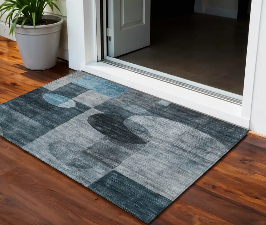 Teal Blue Gray And Charcoal Geometric Washable Indoor Outdoor Area Rug Photo 1
