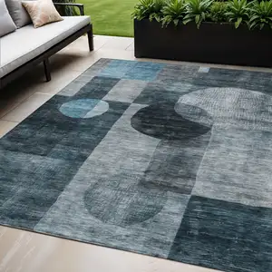 Photo of Teal Blue Gray And Charcoal Geometric Washable Indoor Outdoor Area Rug