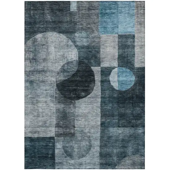 Teal Blue Gray And Charcoal Geometric Washable Indoor Outdoor Area Rug Photo 6
