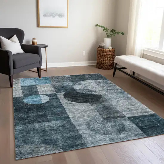 Teal Blue Gray And Charcoal Geometric Washable Indoor Outdoor Area Rug Photo 9