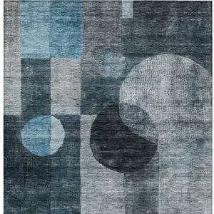 Photo of Teal Blue Gray And Charcoal Geometric Washable Indoor Outdoor Area Rug