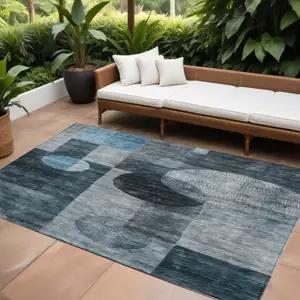 Photo of Teal Blue Gray And Charcoal Geometric Washable Indoor Outdoor Area Rug