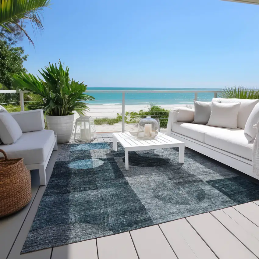 Teal Blue Gray And Charcoal Geometric Washable Indoor Outdoor Area Rug Photo 9