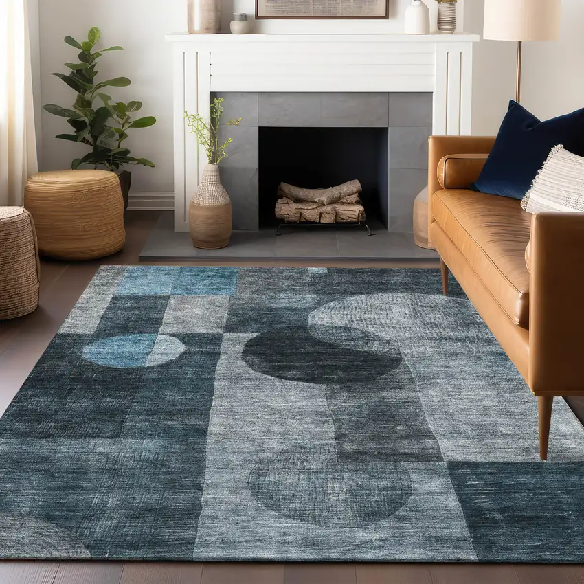 Teal Blue Gray And Charcoal Geometric Washable Indoor Outdoor Area Rug Photo 7