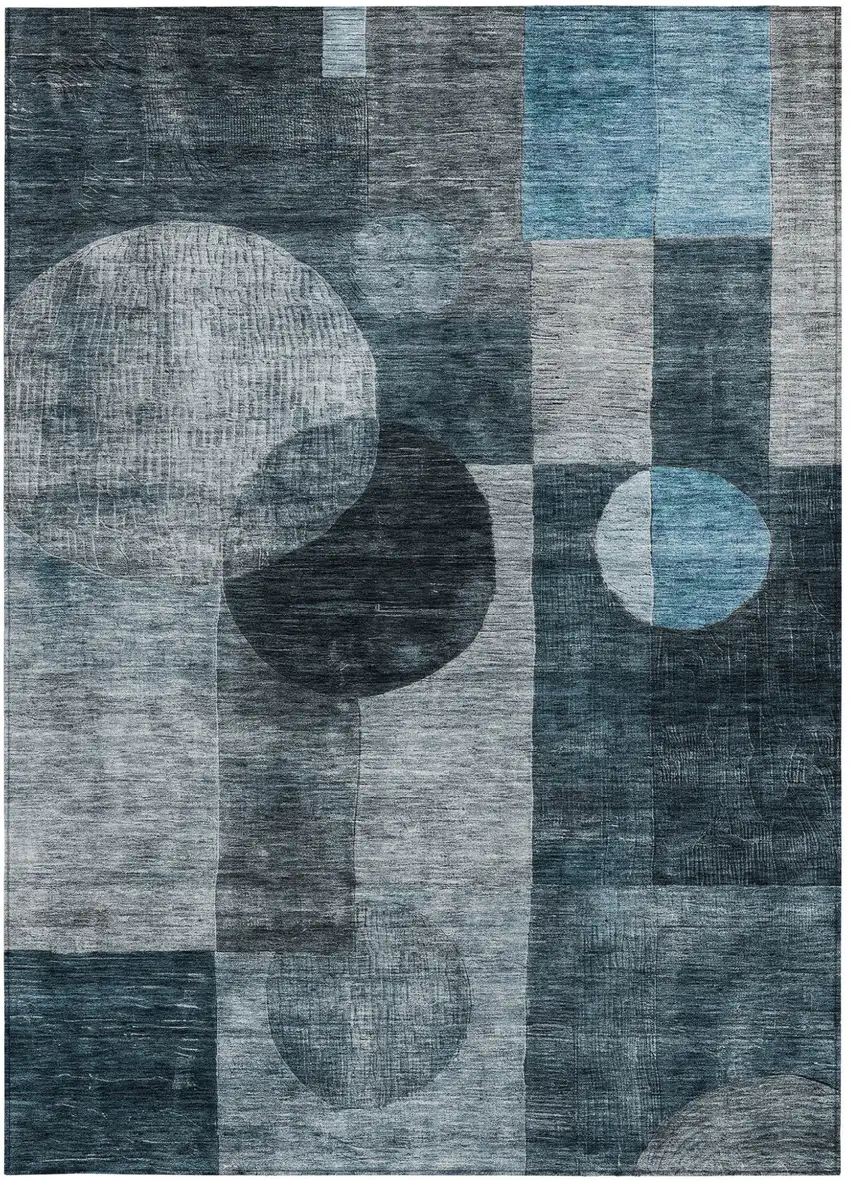 Teal Blue Gray And Charcoal Geometric Washable Indoor Outdoor Area Rug Photo 5