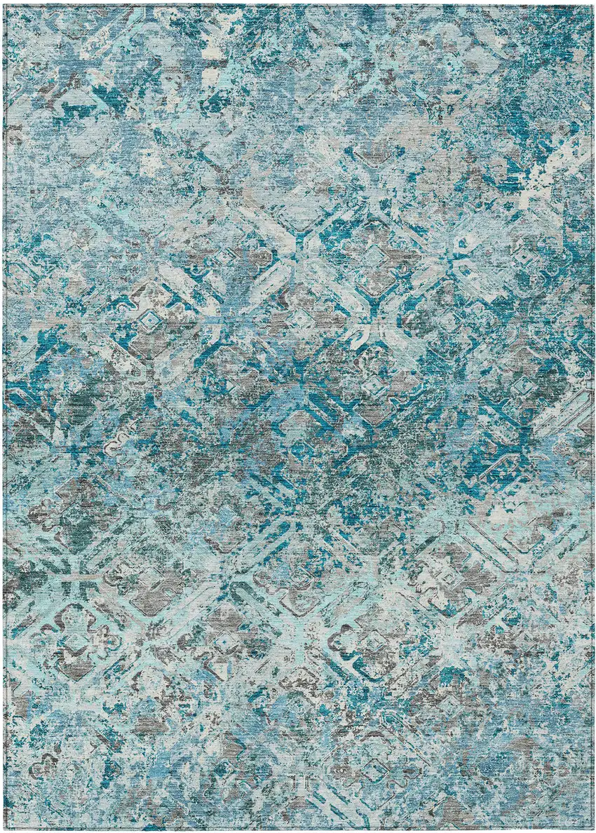 Teal Blue Gray And Charcoal Geometric Washable Indoor Outdoor Area Rug Photo 1
