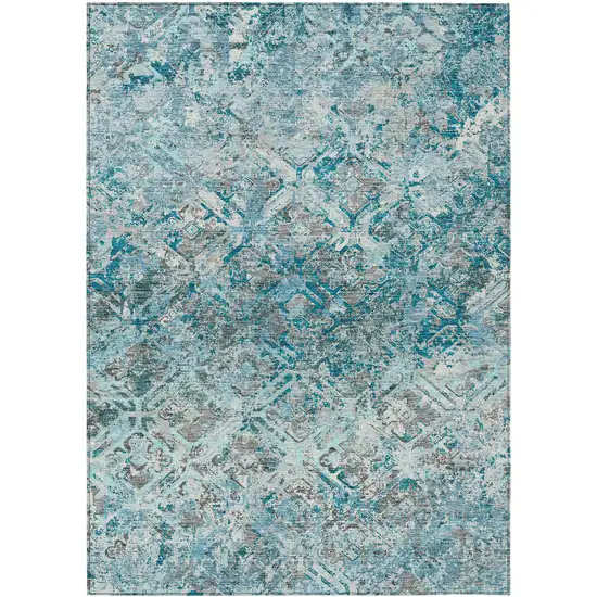 Teal Blue Gray And Charcoal Geometric Washable Indoor Outdoor Area Rug Photo 1