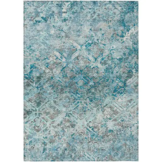 Teal Blue Gray And Charcoal Geometric Washable Indoor Outdoor Area Rug Photo 1