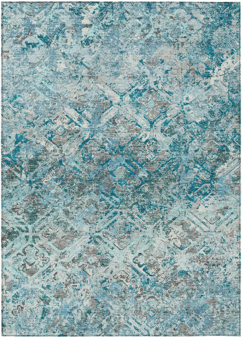 Teal Blue Gray And Charcoal Geometric Washable Indoor Outdoor Area Rug Photo 1