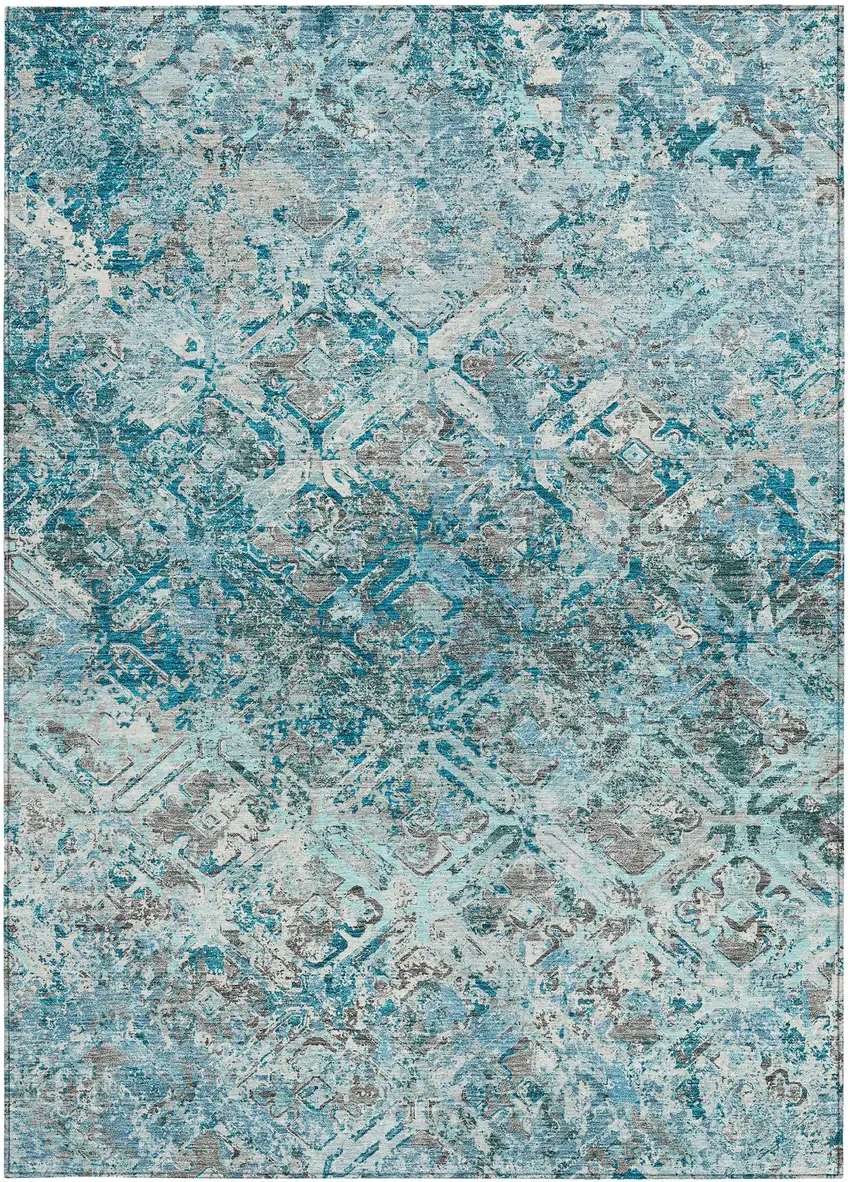 Teal Blue Gray And Charcoal Geometric Washable Indoor Outdoor Area Rug Photo 7