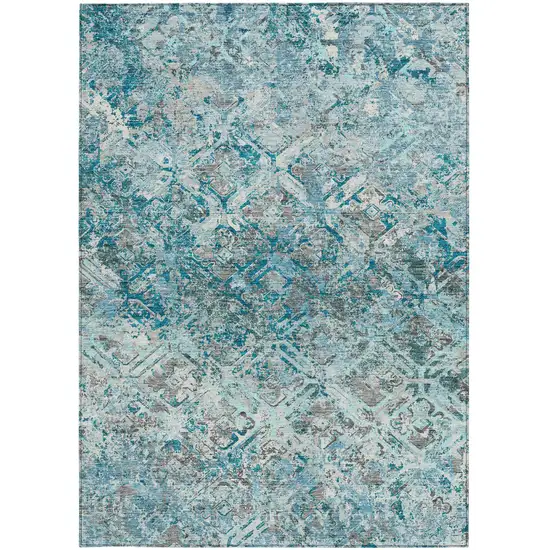 Teal Blue Gray And Charcoal Geometric Washable Indoor Outdoor Area Rug Photo 7