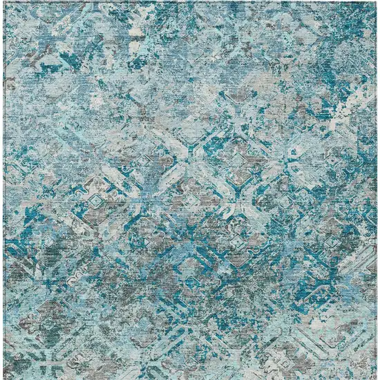 Teal Blue Gray And Charcoal Geometric Washable Indoor Outdoor Area Rug Photo 4