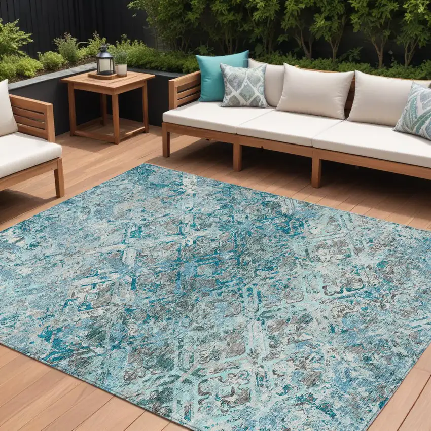 Teal Blue Gray And Charcoal Geometric Washable Indoor Outdoor Area Rug Photo 1