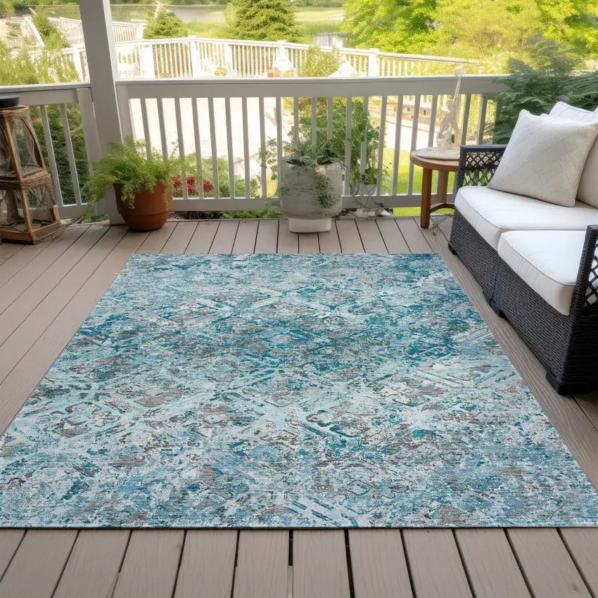 Teal Blue Gray And Charcoal Geometric Washable Indoor Outdoor Area Rug Photo 8