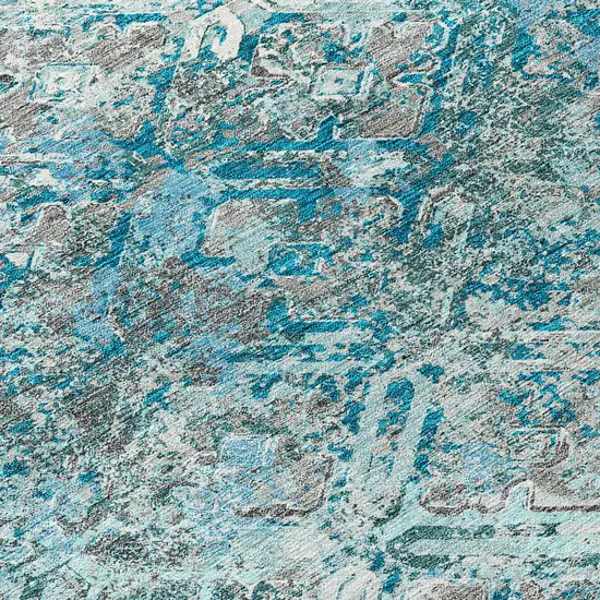 Teal Blue Gray And Charcoal Geometric Washable Indoor Outdoor Area Rug Photo 8