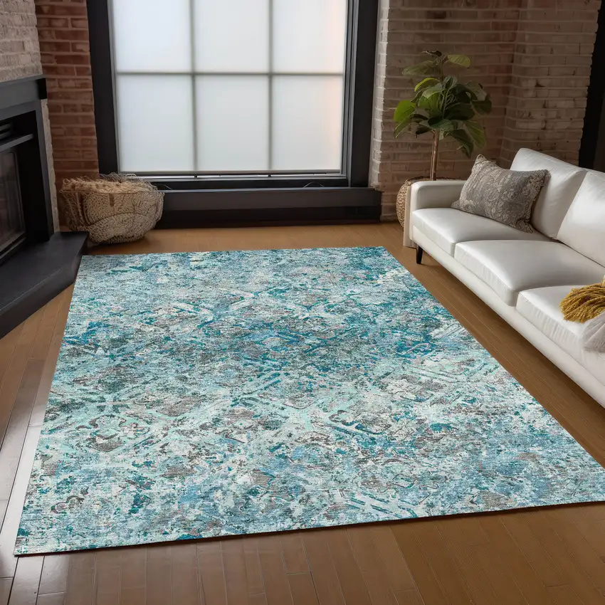 Teal Blue Gray And Charcoal Geometric Washable Indoor Outdoor Area Rug Photo 8