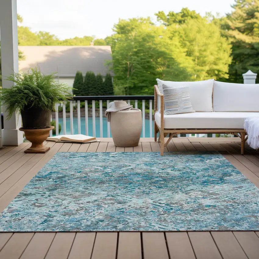 Teal Blue Gray And Charcoal Geometric Washable Indoor Outdoor Area Rug Photo 9