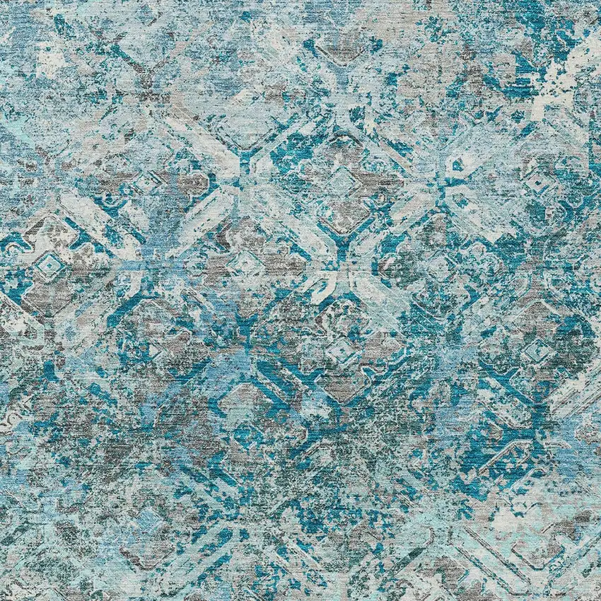 Teal Blue Gray And Charcoal Geometric Washable Indoor Outdoor Area Rug Photo 6