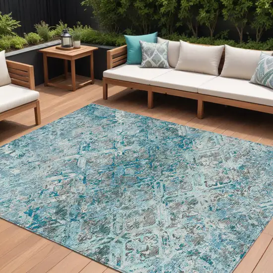Teal Blue Gray And Charcoal Geometric Washable Indoor Outdoor Area Rug Photo 1