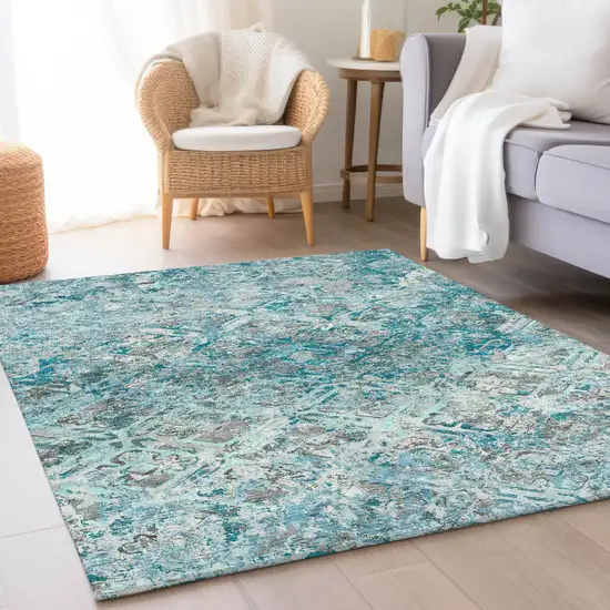 Teal Blue Gray And Charcoal Geometric Washable Indoor Outdoor Area Rug Photo 7