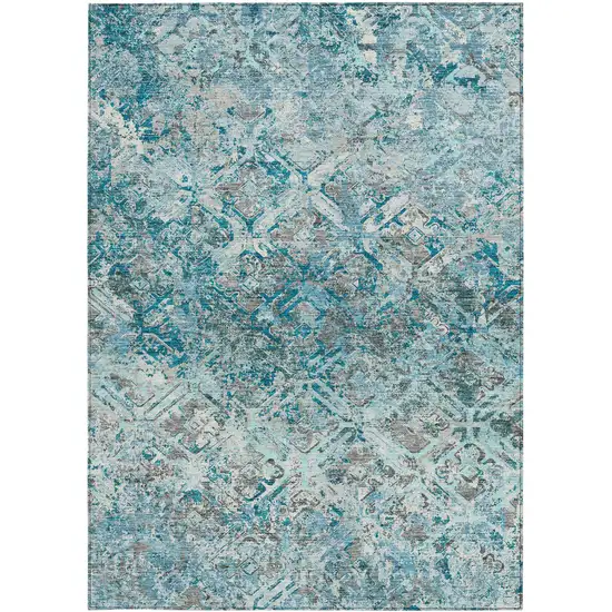 Teal Blue Gray And Charcoal Geometric Washable Indoor Outdoor Area Rug Photo 5