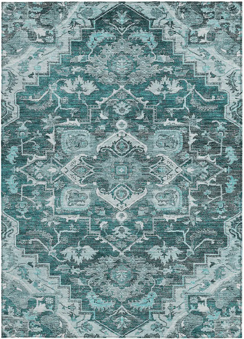 Teal Blue Gray And Charcoal Oriental Washable Indoor Outdoor Area Rug Photo 7