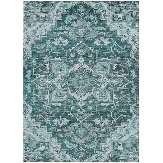 Teal Blue Gray And Charcoal Oriental Washable Indoor Outdoor Area Rug Photo 7