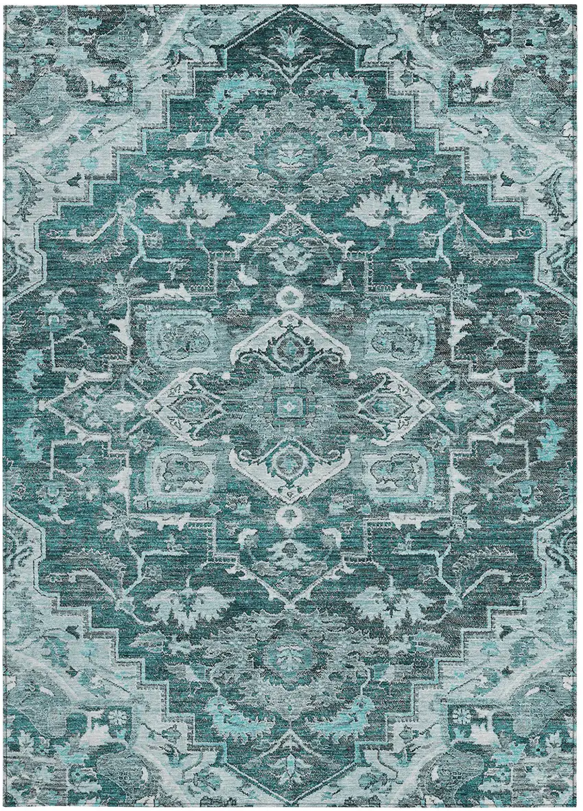 Teal Blue Gray And Charcoal Oriental Washable Indoor Outdoor Area Rug Photo 7