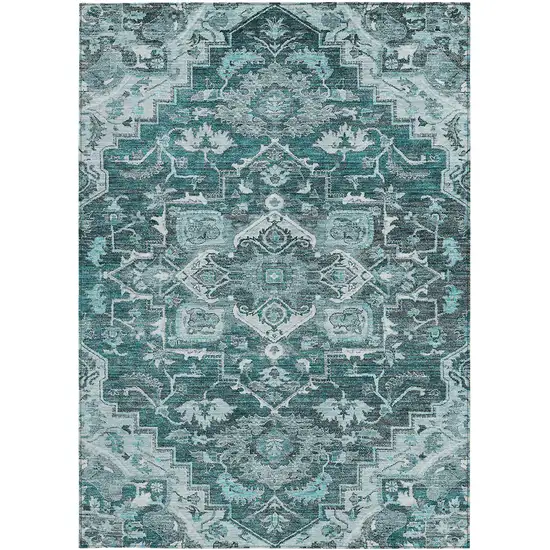Teal Blue Gray And Charcoal Oriental Washable Indoor Outdoor Area Rug Photo 7