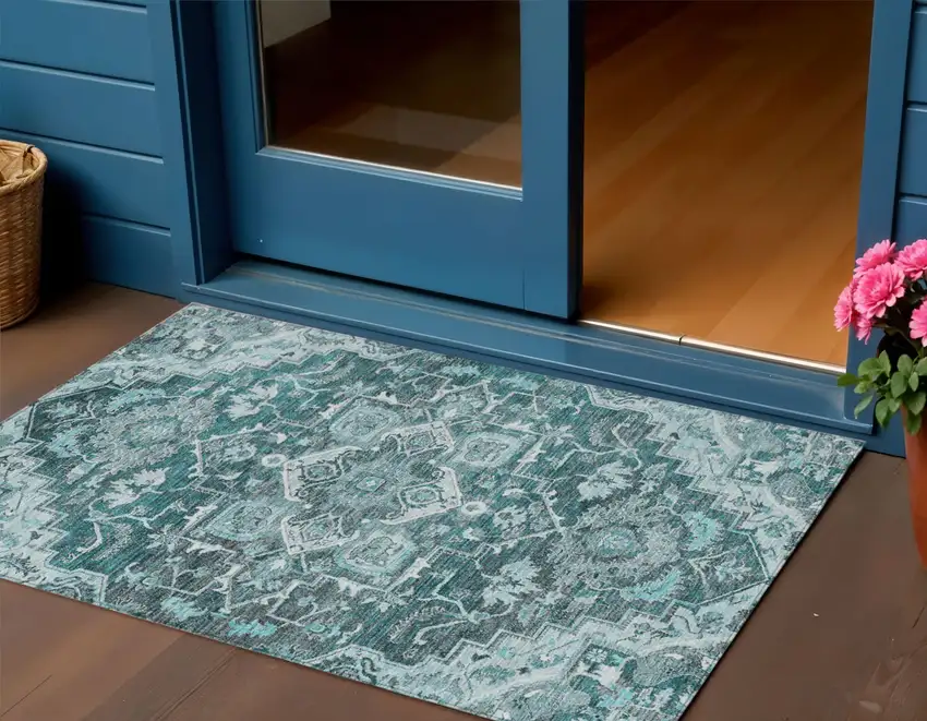 Teal Blue Gray And Charcoal Oriental Washable Indoor Outdoor Area Rug Photo 1