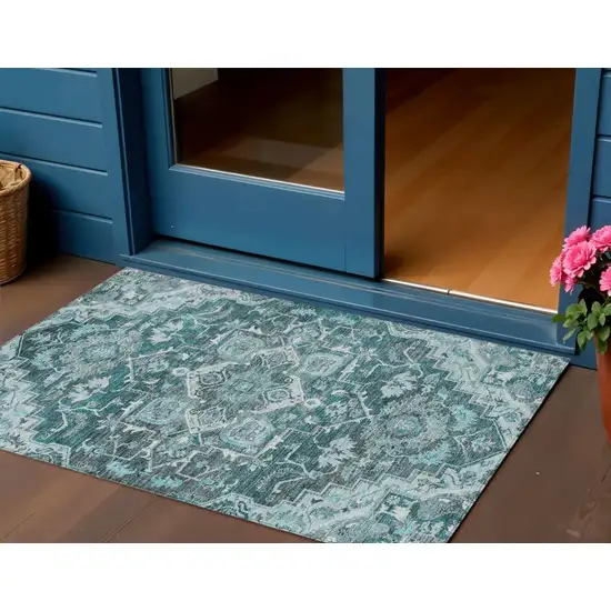 Teal Blue Gray And Charcoal Oriental Washable Indoor Outdoor Area Rug Photo 1