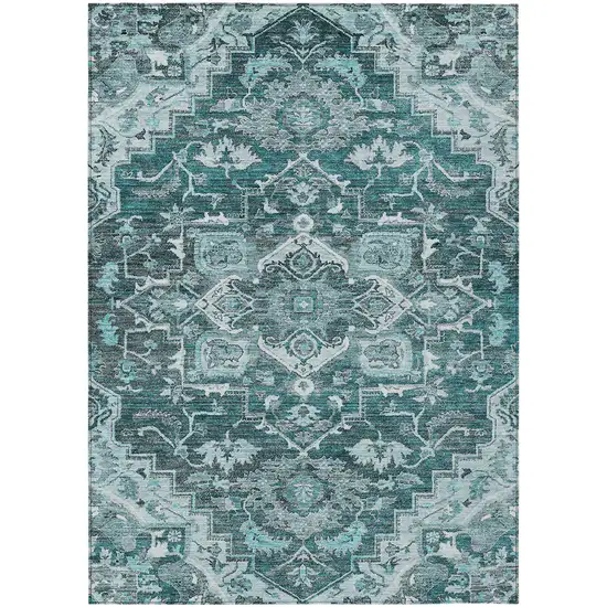 Teal Blue Gray And Charcoal Oriental Washable Indoor Outdoor Area Rug Photo 2