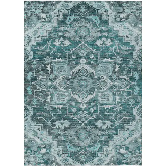 Teal Blue Gray And Charcoal Oriental Washable Indoor Outdoor Area Rug Photo 2