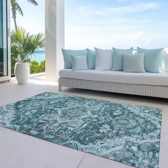 Teal Blue Gray And Charcoal Oriental Washable Indoor Outdoor Area Rug Photo 9