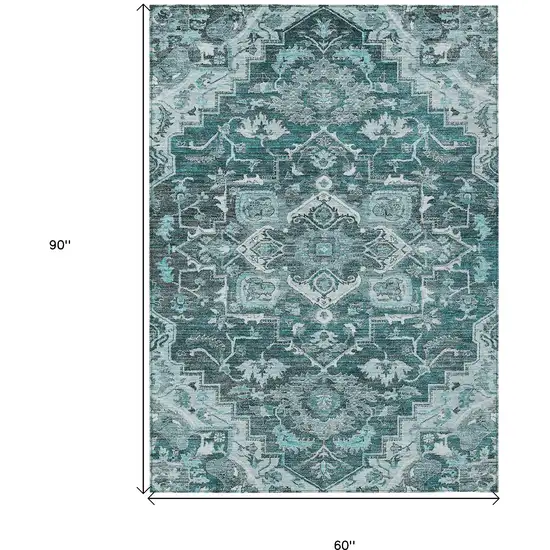 Teal Blue Gray And Charcoal Oriental Washable Indoor Outdoor Area Rug Photo 3