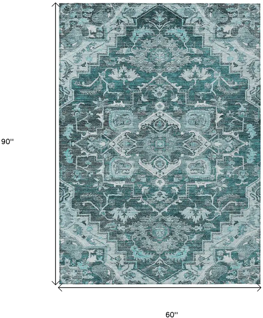 Teal Blue Gray And Charcoal Oriental Washable Indoor Outdoor Area Rug Photo 3