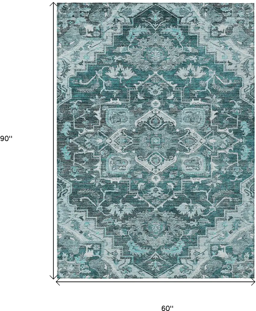 Teal Blue Gray And Charcoal Oriental Washable Indoor Outdoor Area Rug Photo 3