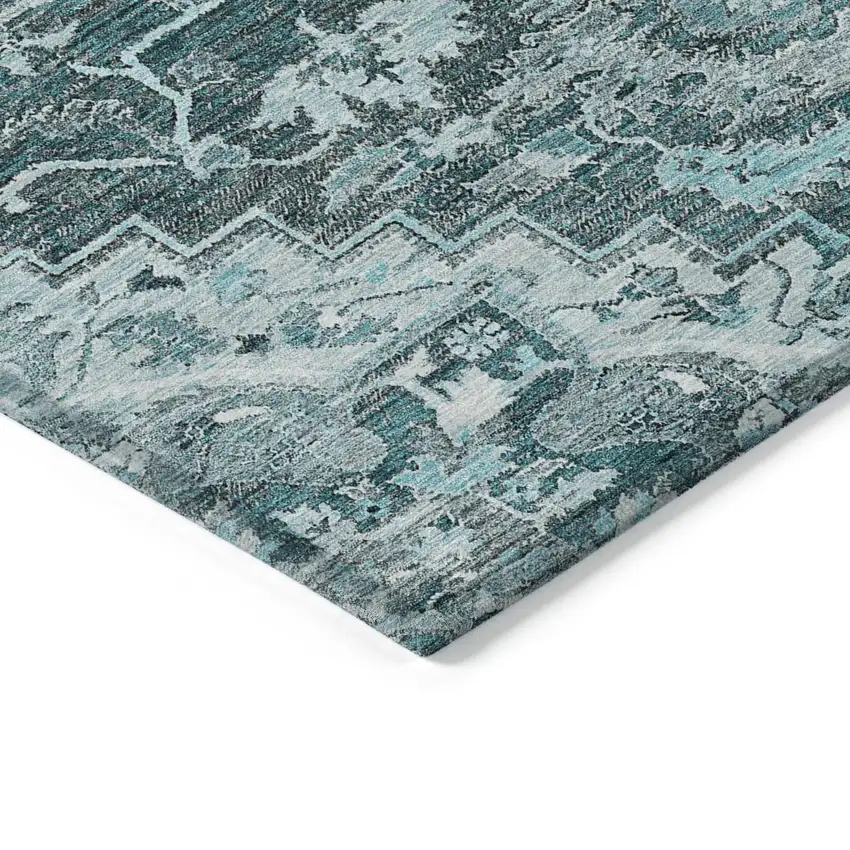Teal Blue Gray And Charcoal Oriental Washable Indoor Outdoor Area Rug Photo 5