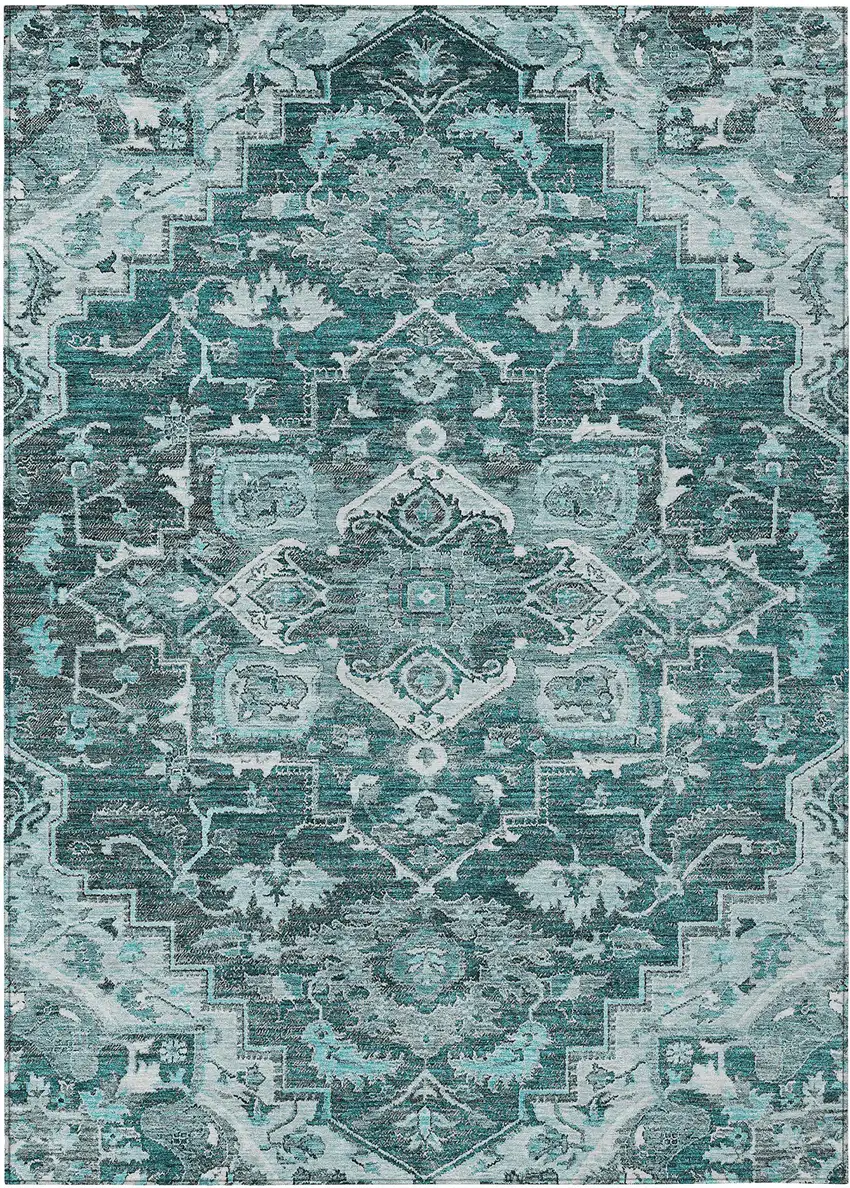 Teal Blue Gray And Charcoal Oriental Washable Indoor Outdoor Area Rug Photo 2