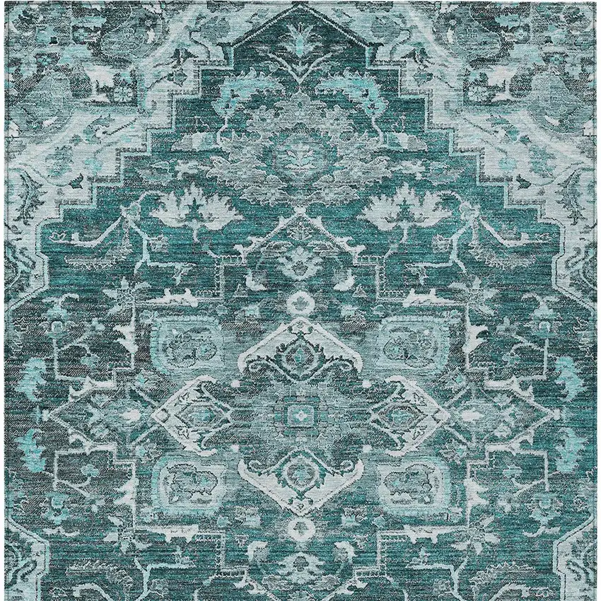 Teal Blue Gray And Charcoal Oriental Washable Indoor Outdoor Area Rug Photo 8