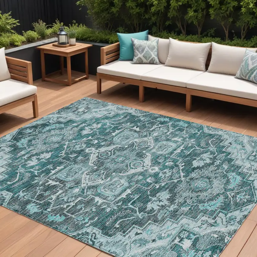 Teal Blue Gray And Charcoal Oriental Washable Indoor Outdoor Area Rug Photo 1