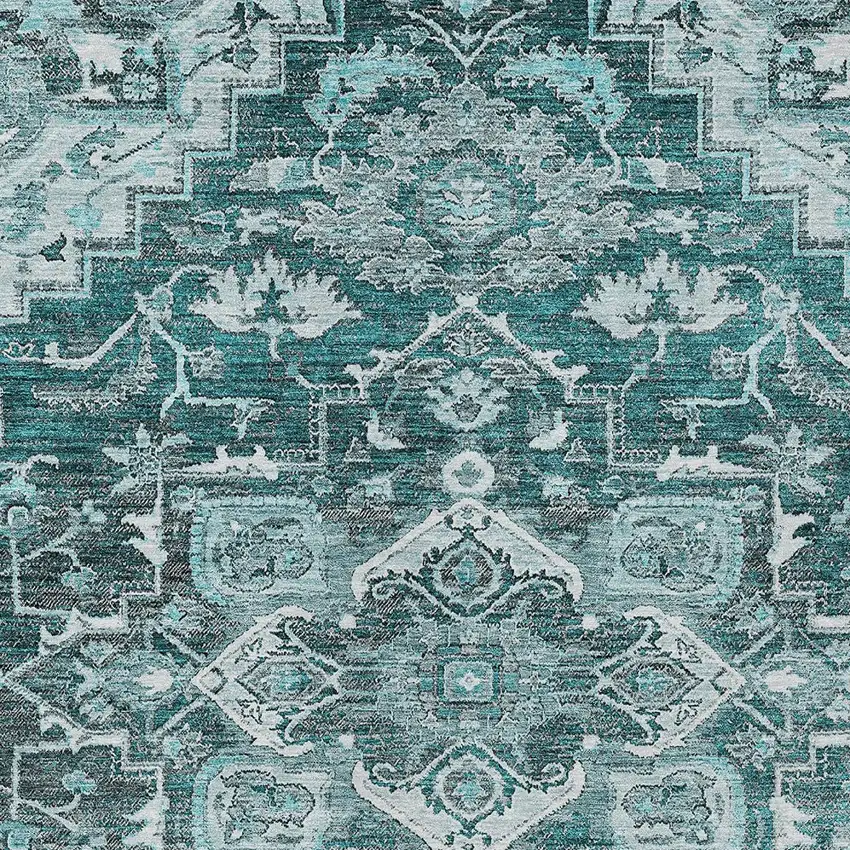 Teal Blue Gray And Charcoal Oriental Washable Indoor Outdoor Area Rug Photo 7