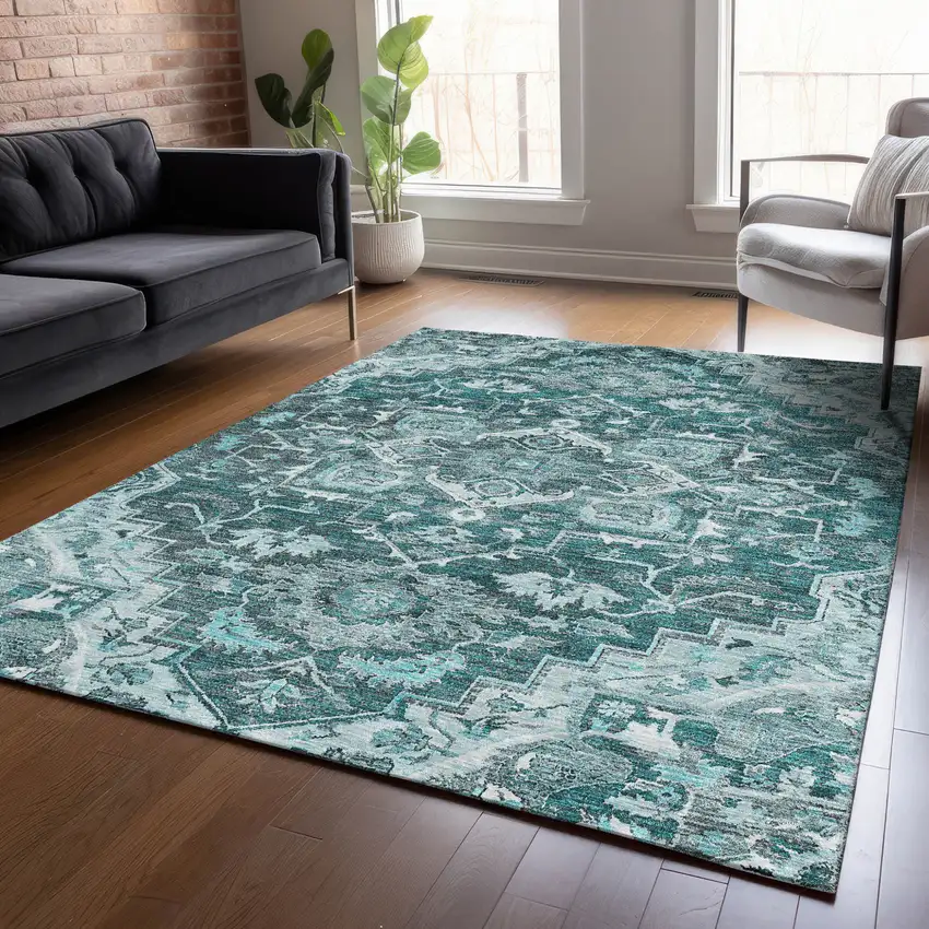 Teal Blue Gray And Charcoal Oriental Washable Indoor Outdoor Area Rug Photo 9