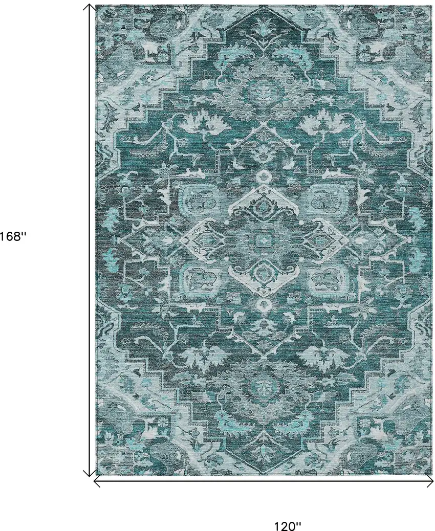 Teal Blue Gray And Charcoal Oriental Washable Indoor Outdoor Area Rug Photo 3