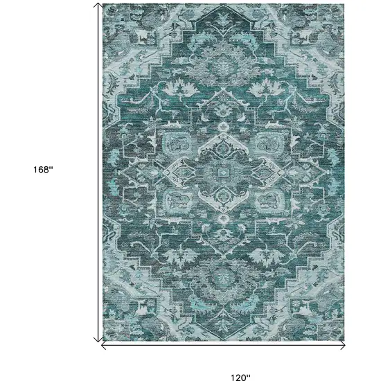 Teal Blue Gray And Charcoal Oriental Washable Indoor Outdoor Area Rug Photo 3