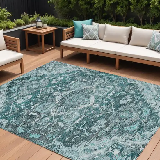 Teal Blue Gray And Charcoal Oriental Washable Indoor Outdoor Area Rug Photo 1