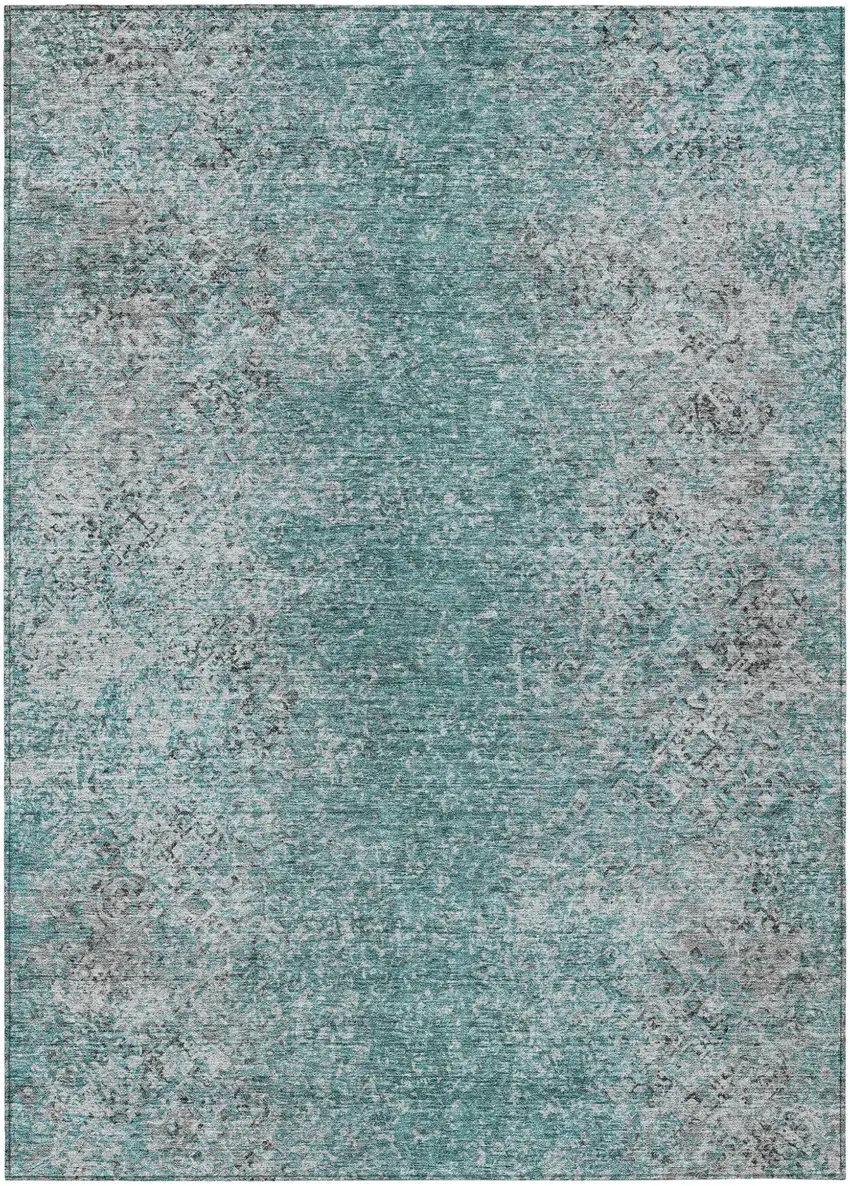 Teal Blue Gray And Charcoal Oriental Washable Indoor Outdoor Area Rug Photo 2