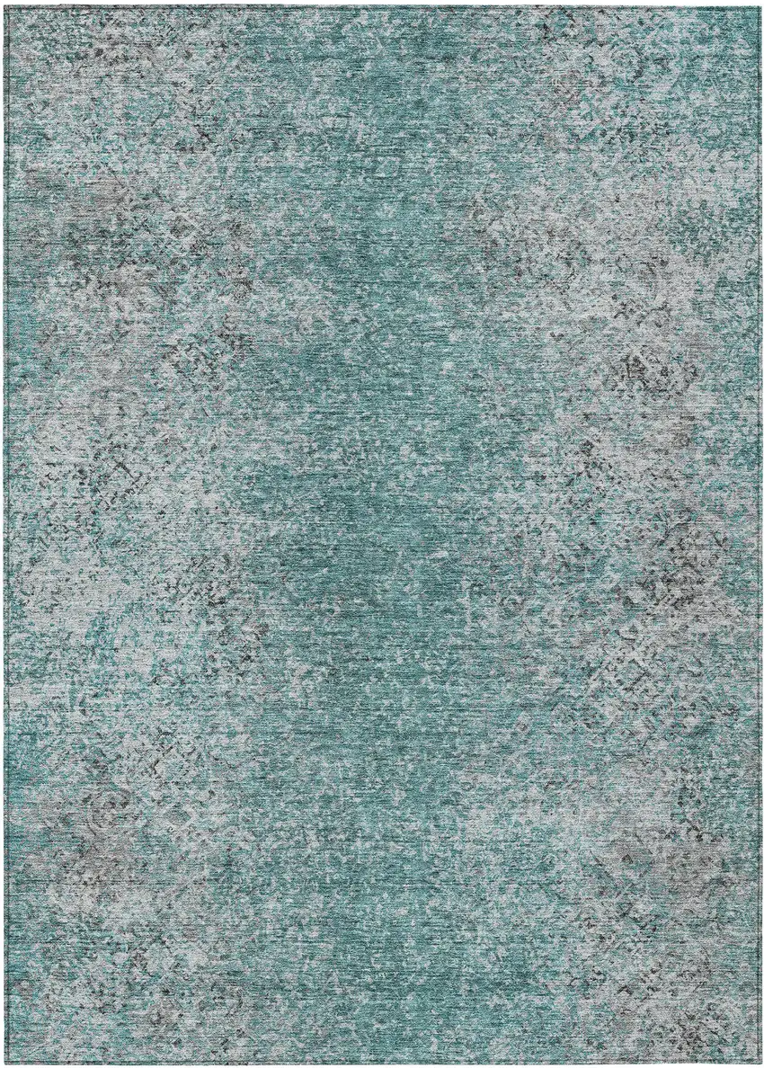 Teal Blue Gray And Charcoal Oriental Washable Indoor Outdoor Area Rug Photo 2