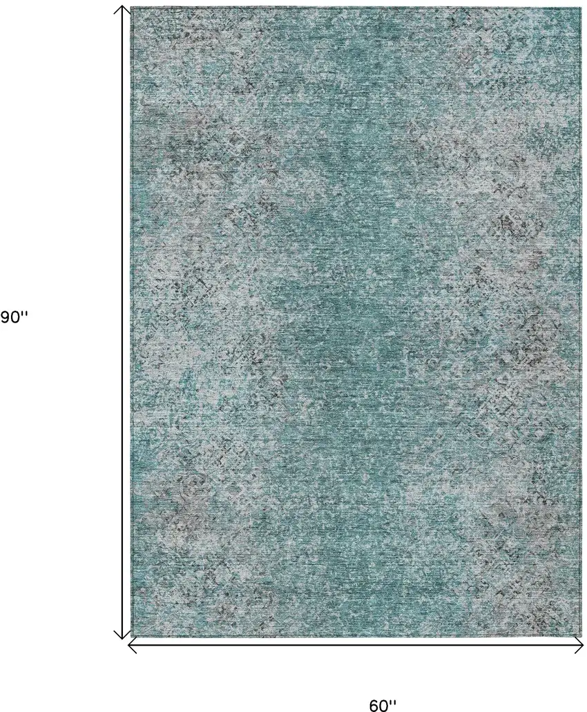 Teal Blue Gray And Charcoal Oriental Washable Indoor Outdoor Area Rug Photo 3